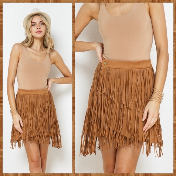 Sexy Faux Suede Mini Skirt Asymmetrical Fringe Details Banded Waistband - Picture 3 of 13